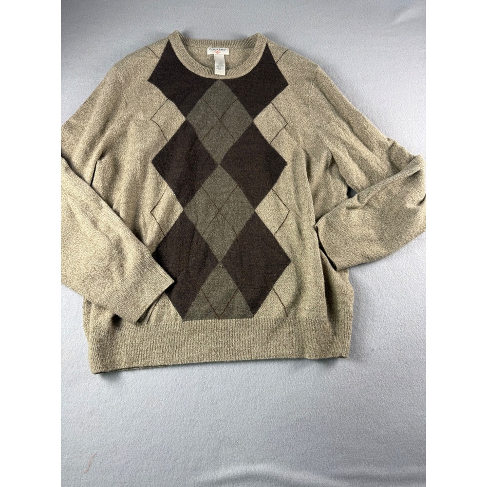 Dockers Mens Argyle Sweater Tan Brown Green Crew Neck Knit Pullover Large